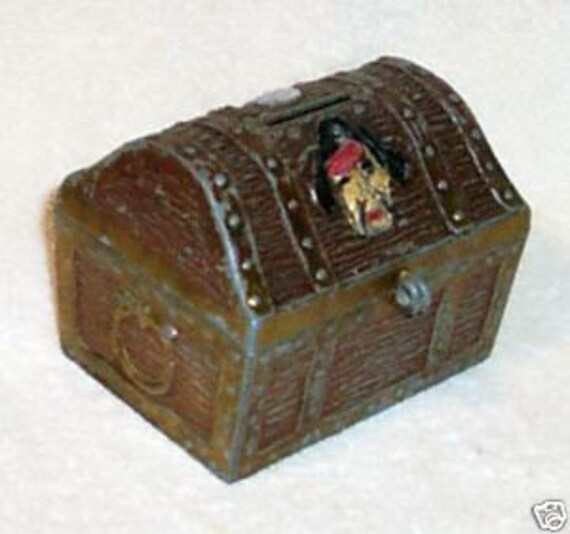 Pirate Treasure Chest Coin Bank Vintage Metal Skull