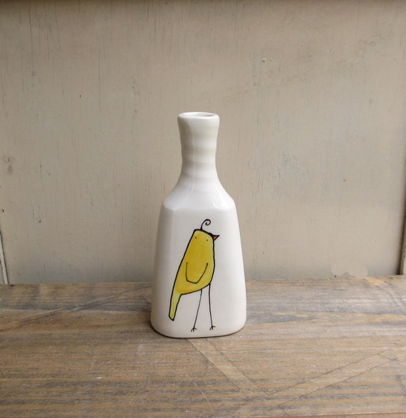 Small yellow ceramic bird bud vase spring garden by catherinereece