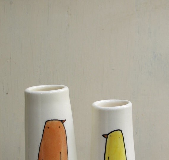 Two bird vases spring garden orange and yello by catherinereece