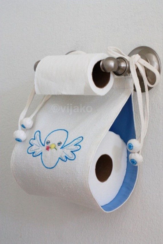 Items similar to Hand embroidered toilet paper holder, cute bird design