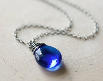 Rain Necklace Sapphire Blue Glass Sterling Silver Wire Wrapped Oxidized Cobalt Water Drop