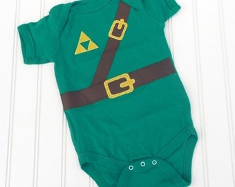 Great Halloween Costume READY TO SHIP Great Baby Shower Gift Inspired by Legend of Zelda, Link sewn cotton applique bodysuit