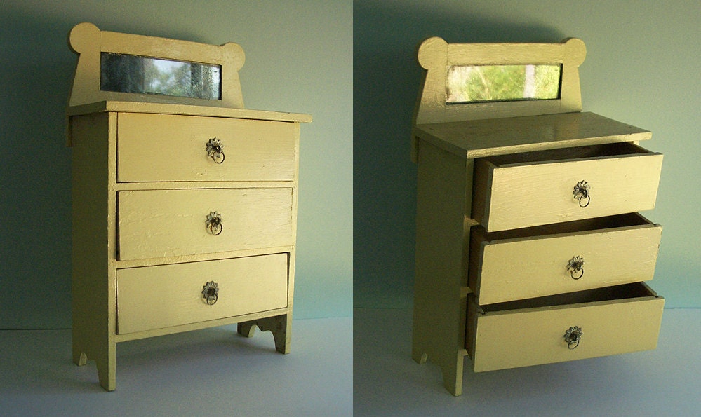 Vintage Child's Doll Dresser with Mirror and Three