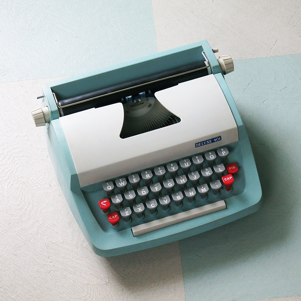 1960s English Petite Typewriter Aqua & Gray Deluxe 401 Model