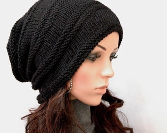 Hand Knit hat woman hat man hat Black Chunky Wool Hat Slouchy hat black hat- ready to ship