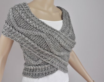 Hand knit woman sweater wool vest Cross Sweater Capelet Neck warmer scarf grey-Ready to ship