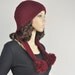 Hand knit hat - earflap cap with pom pom, Burgundy hat, pom pom hat
