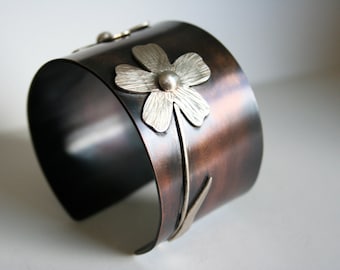 Rustic Metal Jewelry, Daisy Cuff, Rustic Cuff, Rustic Flower Jewelry, Silver Cuff, Mixed Metal Cuff, Dark Patina, Flower Jewelry