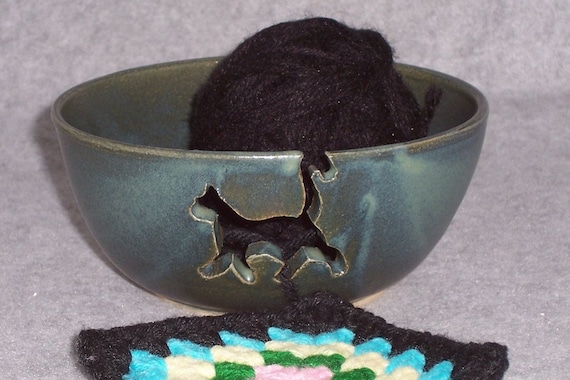 Ceramic Yarn Bowl with Cat   Blue Green satin matte    knit  or crochet Ceramics Pottery