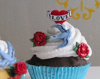 Fake Cupcake Retro Rockabilly Tattoo Themed Entitled All Tatted Up Chocolate Cupcake w/ White Frosting Can be Photo or Business Card Holder