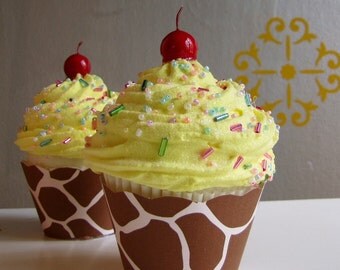 Giraffe Fake Cupcake Giraffey Goodness Collection Large Standard Size Cupcake Giraffe Liner Creamy Lemon Frosting Cherry Can be Photo Holder