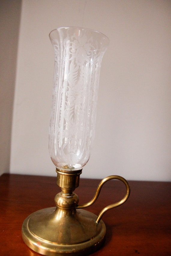 Vintage Glass Hurricane Candle Lamp with Large Brass Base