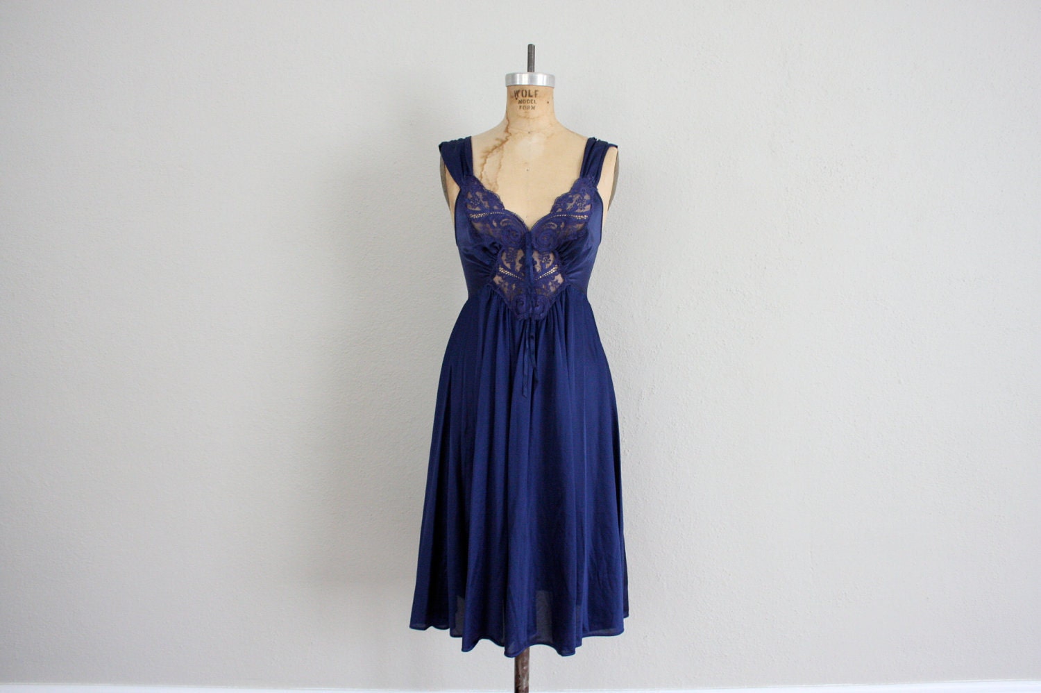 1980s Navy Blue Nightgown Dress in Satin and Lace