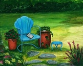 Garden Art , Gardener Gift, Blue chair and flowers Print , Title A Quiet Place, Antique Chair, Peaceful Scene Painting, Wall art Garden Art , Gardener Gift, Blue chair and flowers Print , Title A Quiet Place, Antique Chair, Peaceful Scene Painting, Wall art