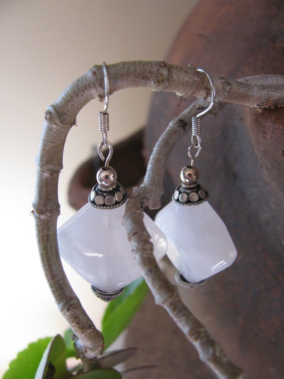 Diamond Rose Quartz dangle earrings by BurstingWithBeads on Etsy