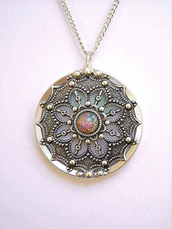 Stained Glass Pendant Necklace Medallion Filigree by JasGlassArt