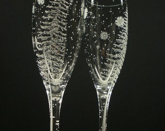 Fir Tree And Floating Flakes 2 Champagne Flutes Hand Engraved Winter Wedding