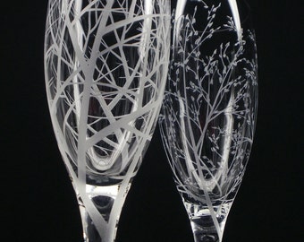 Two Hand Engraved Glass Champagne Flutes 'Reaching Branches' and 'Branches and Leaves'