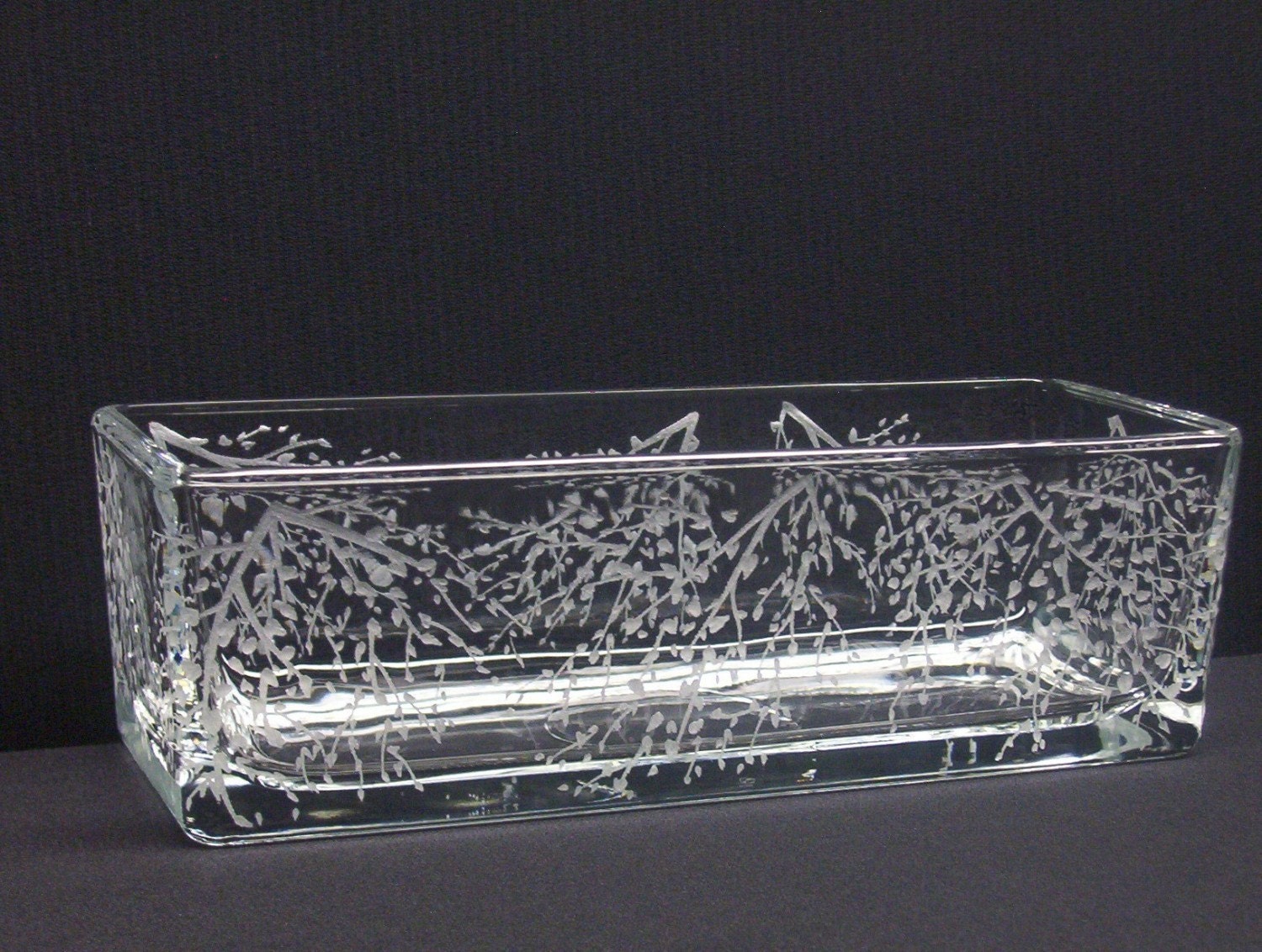 Glass Rectangle Candle Holder . Hand Engraved . 'Branches