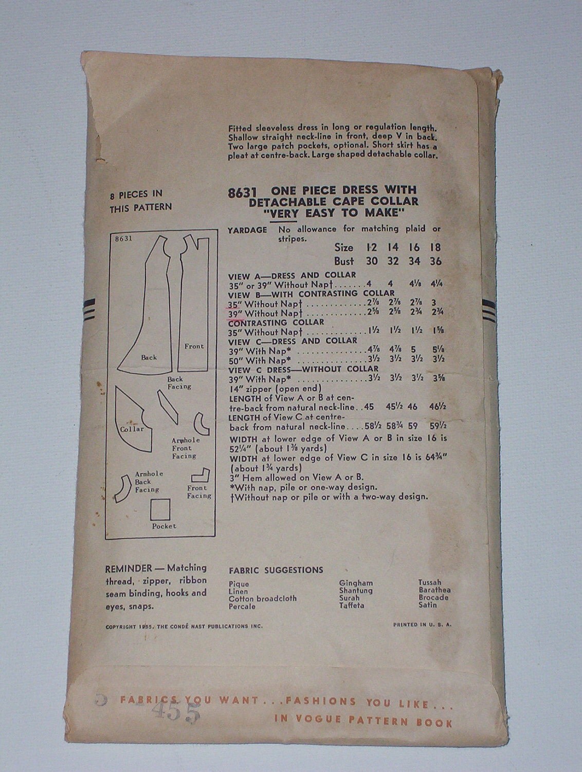Vintage 50s Deep V Back Evening Dress Cape Pattern Vogue 8631