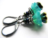 Green Opal Flower Earrings, Metallic Green Iris Flowers & Beads, Gun Metal Components, Handmade Girls Jewelry Gift, FREE SHIPPING