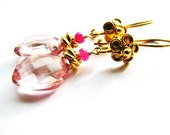 GIFT 4 MOM SALE, Pink Quartz Pink Sapphire Earrings, Luxe Fancy 24k Gold Vermeil Flower Earrings, Artisan Crafted Gemstone Earrings