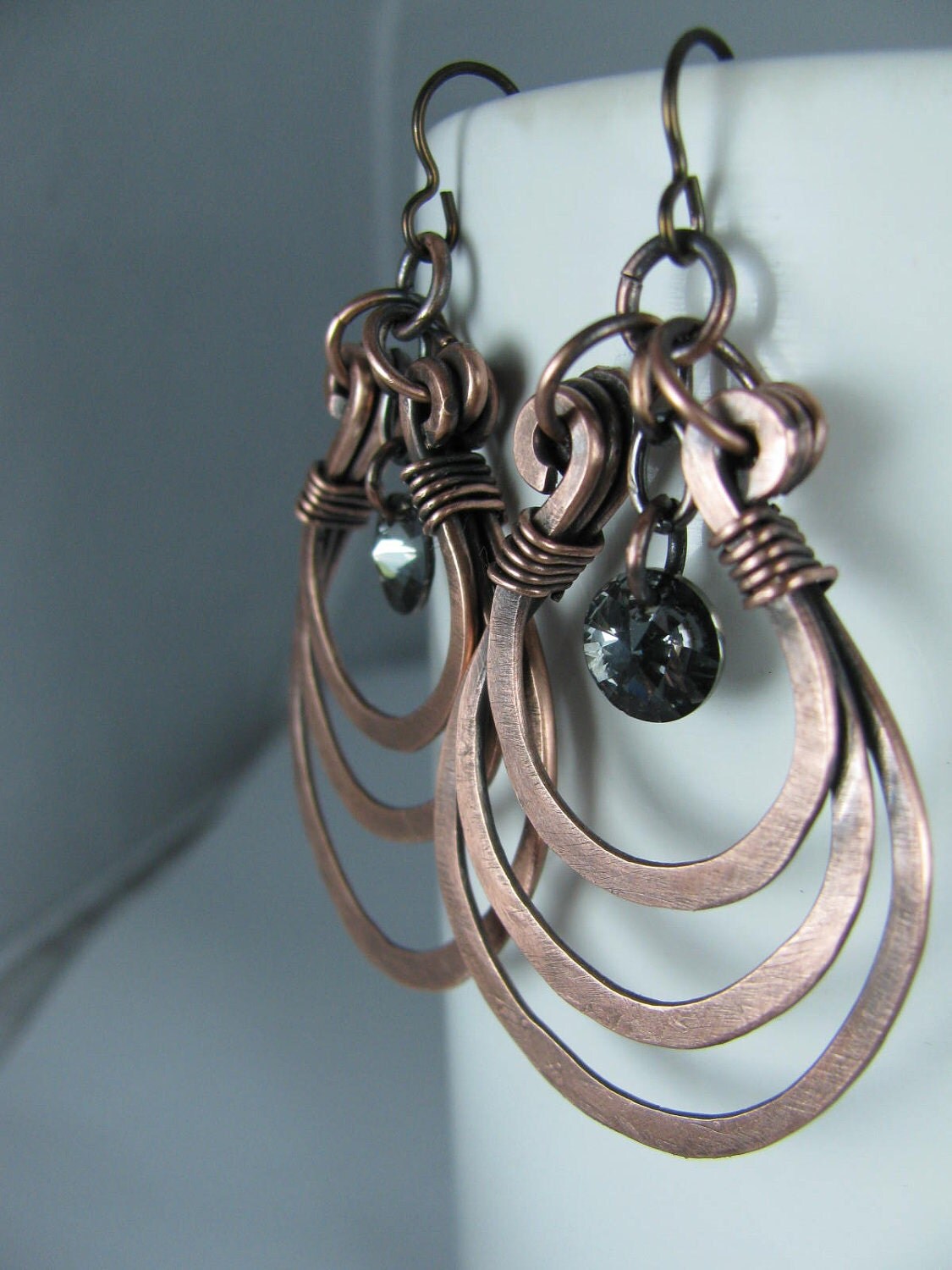 Layered Copper Hoops with Silver Night Swarovski Crystals