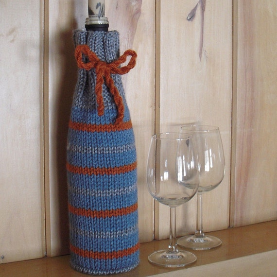 Knitted Wine Bottle Sleeve Funky Blue Orange Gray