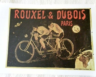 Vintage Bicycle Poster 1894 Rouxel and Dubois Bicycles Tandem Riders in the Sky Poster Size Book Plate