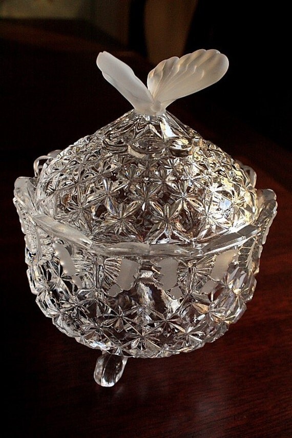 Crystal Candy Dish with Butterfly handle Frosted Glass Bon
