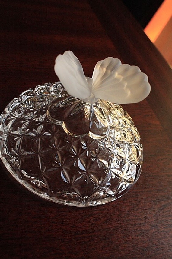 Crystal Candy Dish with Butterfly handle Frosted Glass Bon