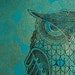 Owl print on teal with gold mums, original 11 x 14 poster