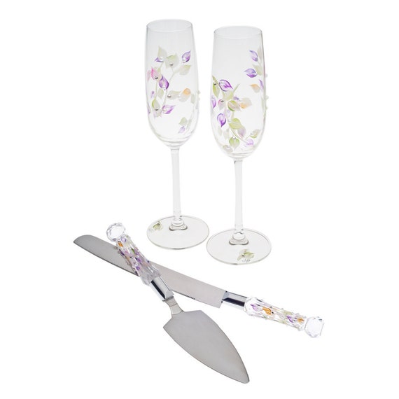 Cake Serving Set Wedding Toasting Flutes and by HandpaintedGifts