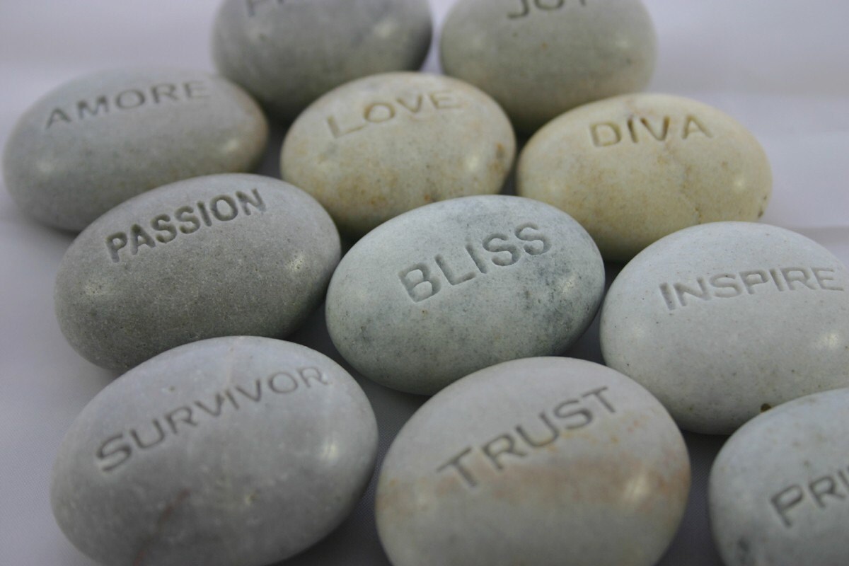 Custom Engraved Stones Set of 6 White Word Stones
