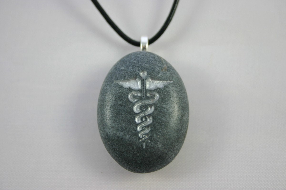 Silver Caduceus Engraved Stone Medic Alert Symbol by MonkeysJewels