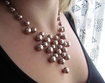 HELENA-Brown Champagne Mauve Glass Pearl Silver Bib Style Necklace