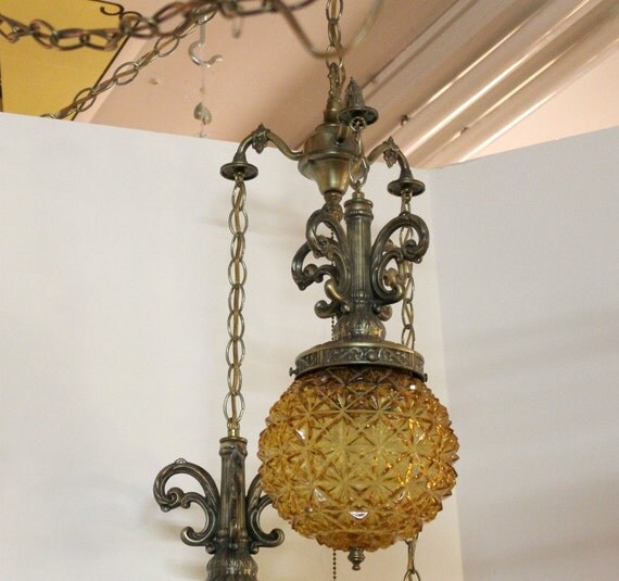 Vintage Amber Swag Lamp Light 3 Globe Ceiling Fixture