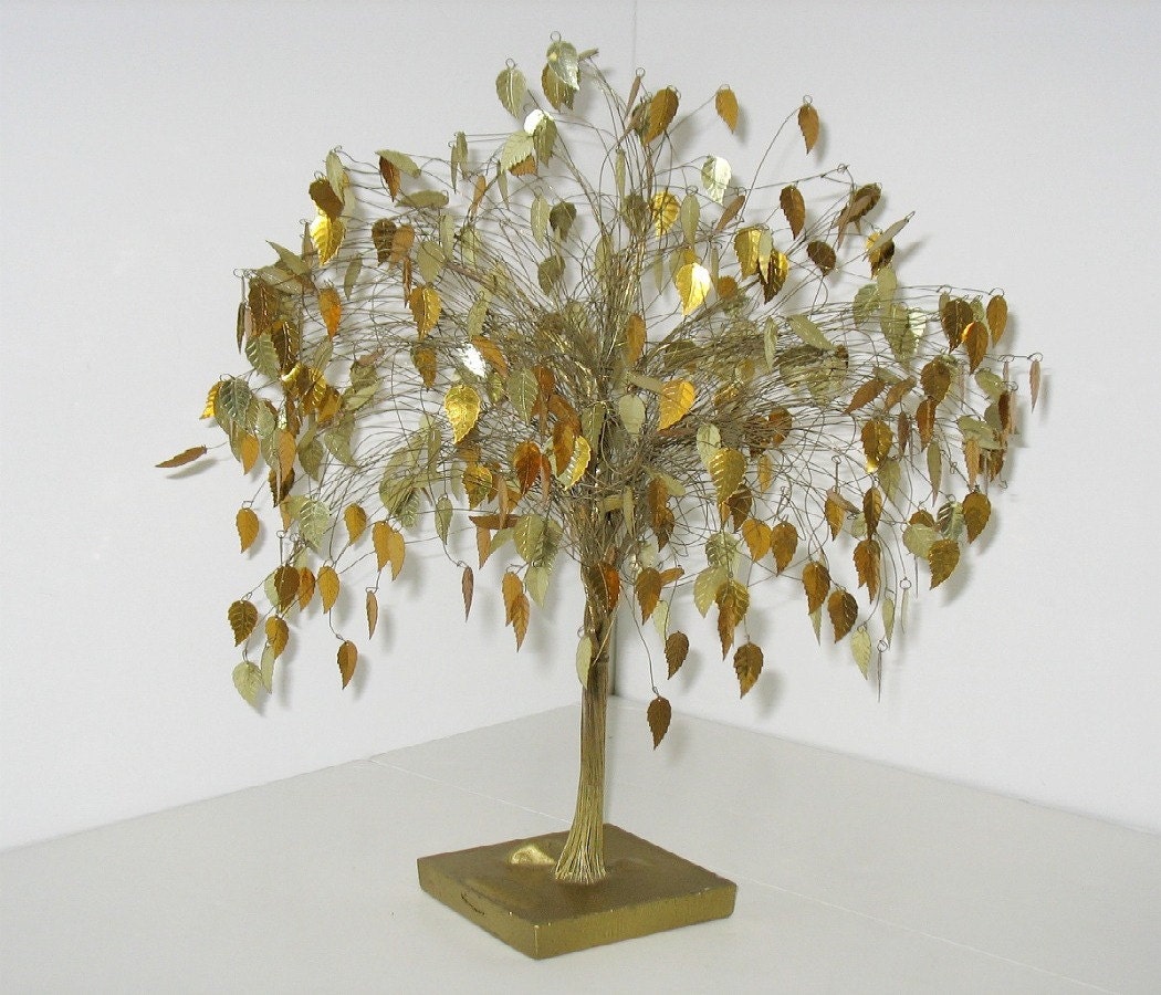 Vintage Gold Leaves Leaf Tree Golden Wire Art Sculpture Mid