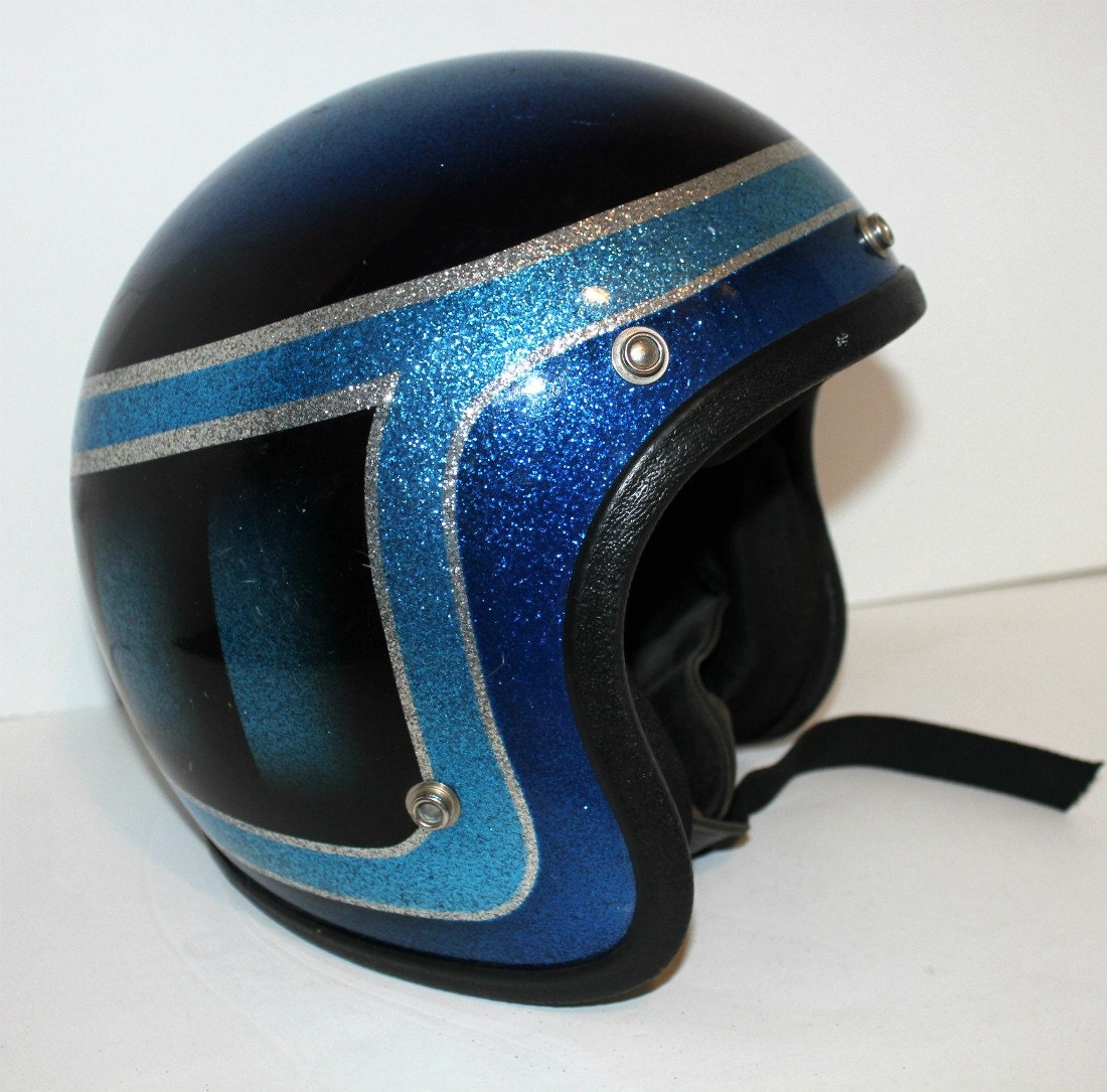 Vintage Motorcycle Helmet Blue Metal Flake Sparkle Metallic