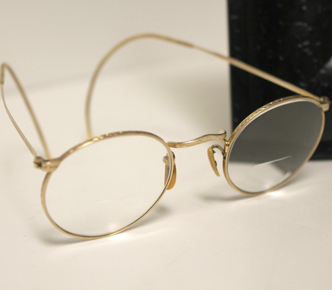 Vintage Gold Round Eyeglasses Frames Bausch And Lomb 1930s Deco 