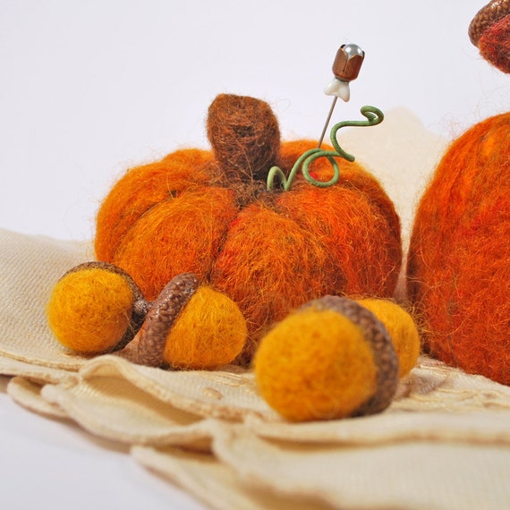 Pumpkins and acorn grouping Needle felted Autumn decor