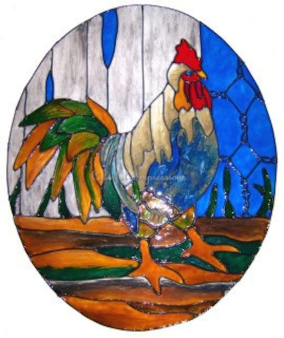 Oval Rooster Faux Stained Glass Window Film