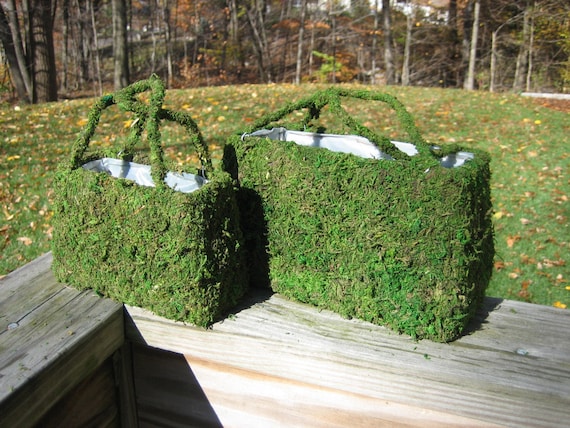 TWO Natural Green Moss Purse Planter with handles small and