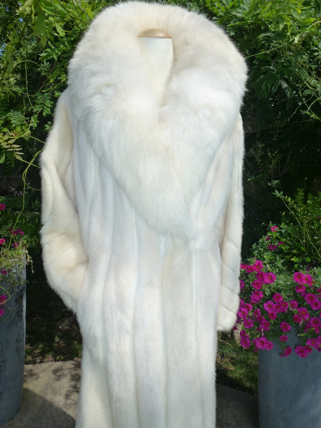 Long White Mink Fur Coat Vintage With Leather Accents