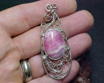 Large Sterling Filigree and Rhodocrocite Pendant e001