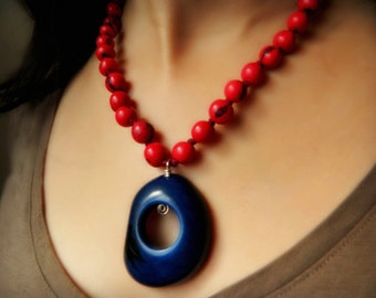 Tagua Necklace - Indigo Blue & Samba Red / Eco Friendly