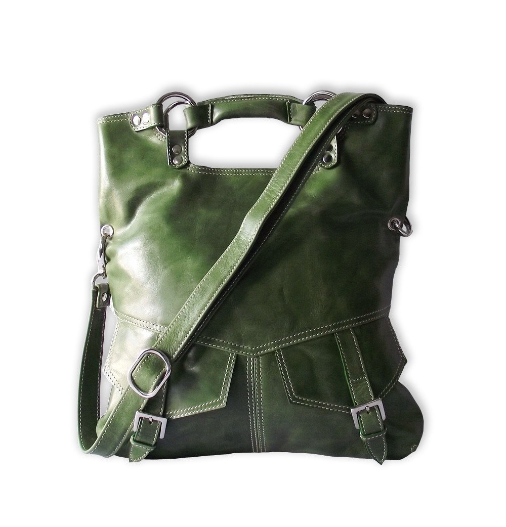 Olive green leather handbag / shoulder bag / purse / tote