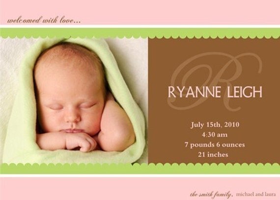 SWEET INITIAL...Custom Girl Photo Birth Announcement...by KM Thomas Designs Il_570xn