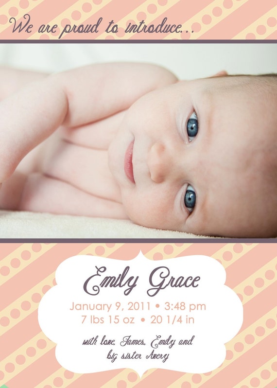 Girl Birth Announcement - Baby Girl Photo Announcement - Printable Birth Announcement - Peach and Plum - Polka Dot Stripes Il_570xn