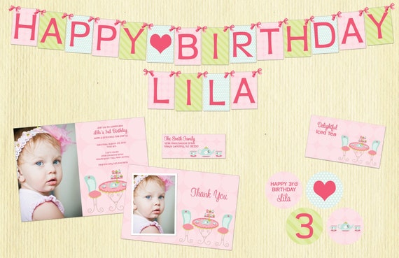 Tea Party Birthday Decorations : Printable Tea Party Birthday Decorations - Invitation - Birthday Banner - Cupcake Topper - Straw Flags Il_570xn